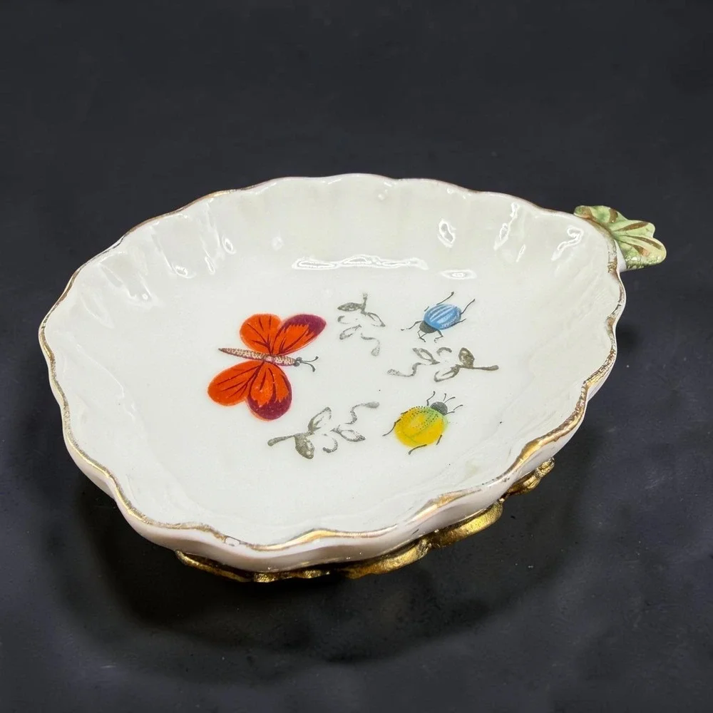 Vintage Porcelain Butterfly Beetle Trinket Dish Scalloped Brass Filigree Base‎